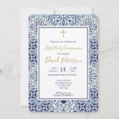 Blauwe tegels en gouden kruiscommunie kaart (Voorkant)