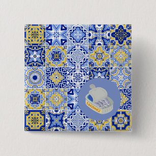 Blauwe Tegels en sardientjes Vierkante Button 5,1 Cm