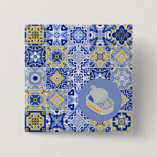 Blauwe Tegels en Sardines Vierkante Button 5,1 Cm (Voorkant)