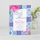 Blauwe Tegels Floral Amalfi Italiaans Baby shower Kaart (Staand voorkant)