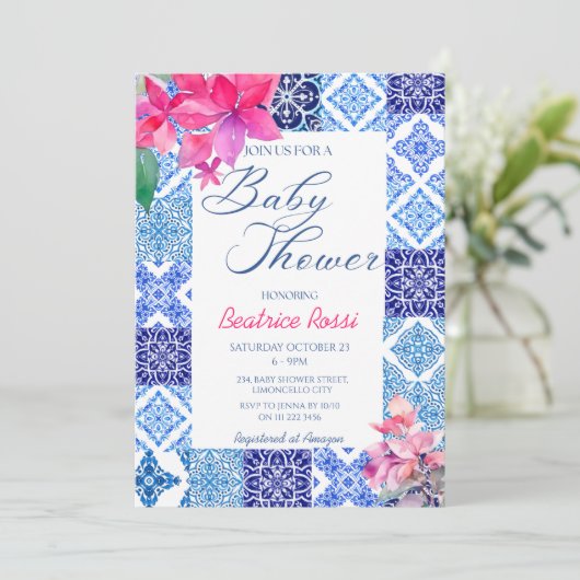 Blauwe Tegels Floral Amalfi Italiaans Baby shower Kaart (Staand voorkant)