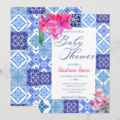 Blauwe Tegels Floral Amalfi Italiaans Baby shower Kaart (Voorkant / Achterkant)