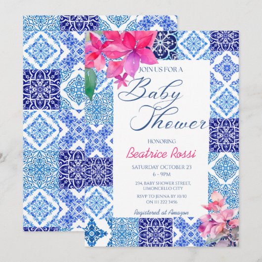 Blauwe Tegels Floral Amalfi Italiaans Baby shower Kaart (Voorkant / Achterkant)