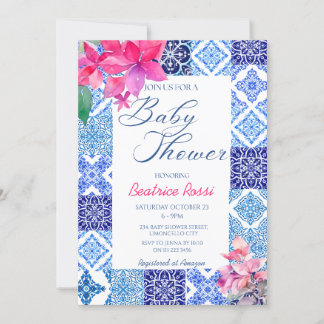 Blauwe Tegels Floral Amalfi Italiaans Baby shower Kaart