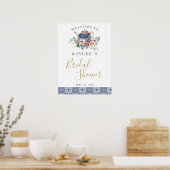 Blauwe tegels florale teapot Bridal Showerwelwelko Poster (Keuken)