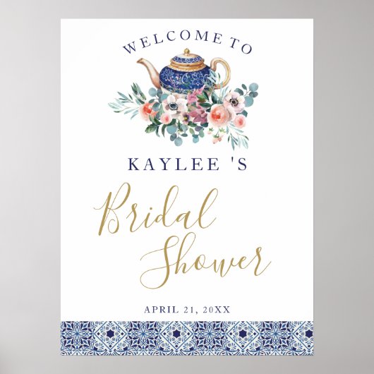 Blauwe tegels florale teapot Bridal Showerwelwelko Poster (Voorkant)