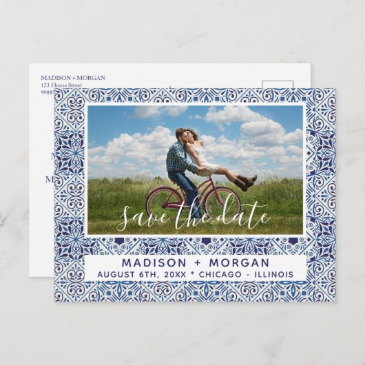 Blauwe Tegels Foto's Bewaar de datum Aankondigingskaart (Voorkant / Achterkant)