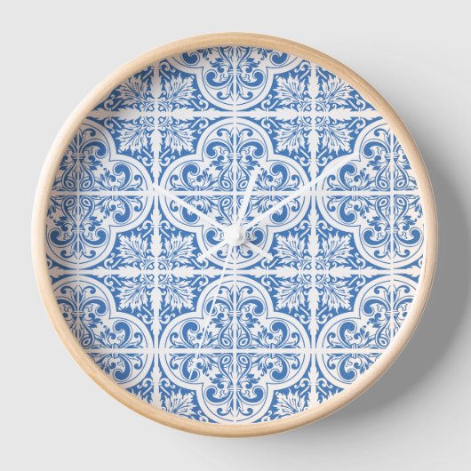 Blauwe Tegels Gedrukte Wandklok | Tijdloze elegant (Voorkant)