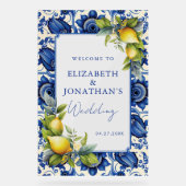 Blauwe Tegels Gele Citroenen Bruiloft Welkom Acryl Bord (Voorkant)