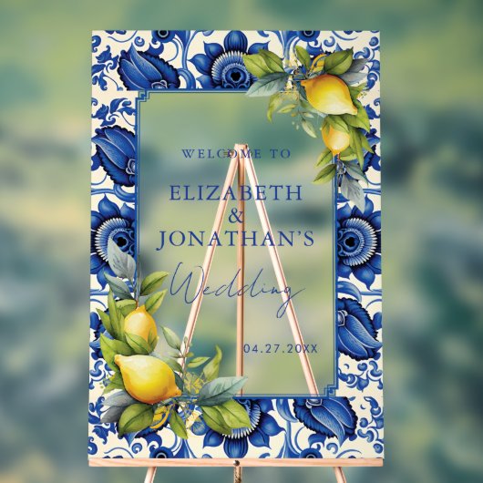 Blauwe Tegels Gele Citroenen Bruiloft Welkom Acryl Bord (Neutraal)