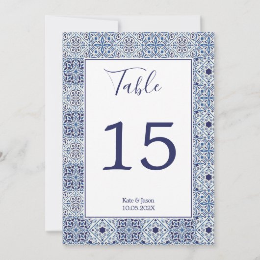 Blauwe tegels Gepersonaliseerde Trouwtafel Nummer Kaart (Achterkant)
