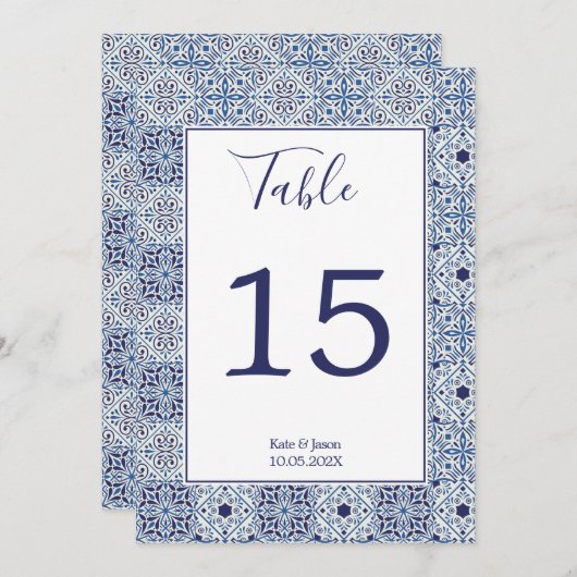 Blauwe tegels Gepersonaliseerde Trouwtafel Nummer Kaart (Voorkant / Achterkant)