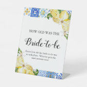 Blauwe Tegels Lemon Hoe oud was het bruidsdouchebo Reclamebord Met Voetstuk (Voorkant)