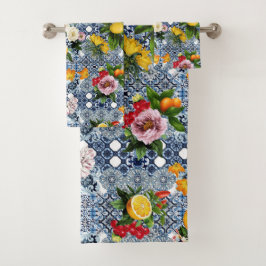 Blauwe tegels Mediterraan bloemmotief Bad Handdoek