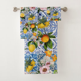 Blauwe tegels Mediterraan bloemmotief Bad Handdoek