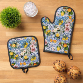Blauwe tegels Mediterraan bloemmotief Ovenwant & Pannenlap Set