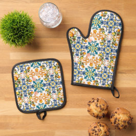 Blauwe tegels Mediterraan bloemmotief Ovenwant & Pannenlap Set