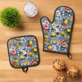 Blauwe tegels Mediterraan bloemmotief Ovenwant & Pannenlap Set