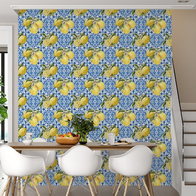 Blauwe tegels mediterraan citroenpatroon behang (Creator heeft geüpload)