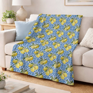 Blauwe tegels mediterraan citroenpatroon fleece deken