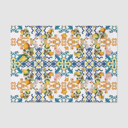Blauwe Tegels Mediterraan Patroon Tissuepapier (Voorkant)