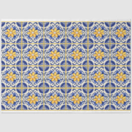 Blauwe tegels met gele bloemen en specie tissuepapier