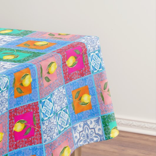 Blauwe tegels, mozaïek, majolica, citroen, tafelkleed (Voorbeeld)