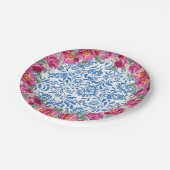 Blauwe Tegels Roze Bloem Mediterraans Feest Papieren Bordje (Gekanteld)