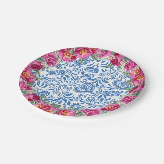 Blauwe Tegels Roze Bloem Mediterraans Feest Papieren Bordje (Gekanteld)