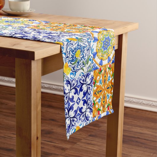 Blauwe tegels, Siciliaans, majolica, mozaïekkunst, Medium Tafelloper (Voorbeeld)