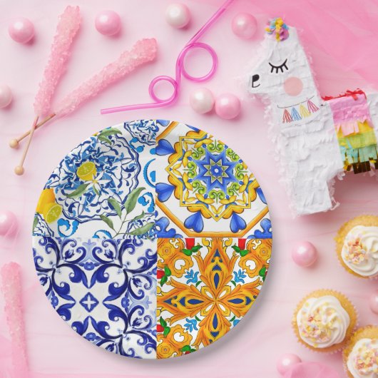 Blauwe tegels, Siciliaans, majolica, mozaïekkunst, Papieren Bordje (Feest)