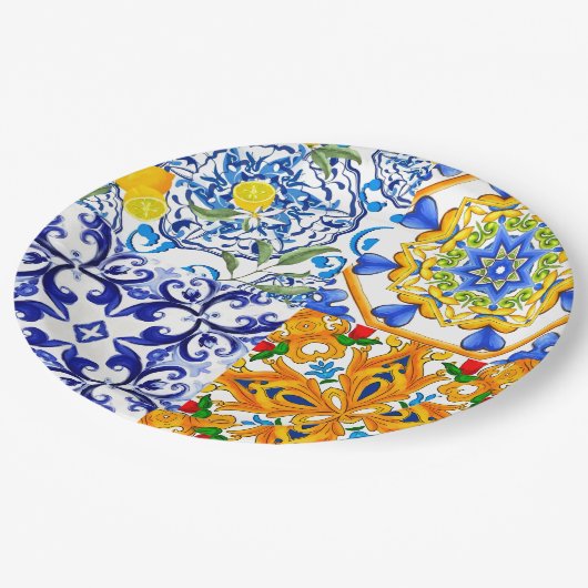 Blauwe tegels, Siciliaans, majolica, mozaïekkunst, Papieren Bordje (Gekanteld)