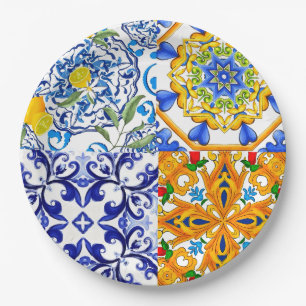Blauwe tegels, Siciliaans, majolica, mozaïekkunst, Papieren Bordje