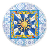 Blauwe tegels, Siciliaanse zon, mozaïek, majolica, Keramische Knop (Voorkant)