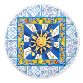 Blauwe tegels, Siciliaanse zon, mozaïek, majolica, Keramische Knop
