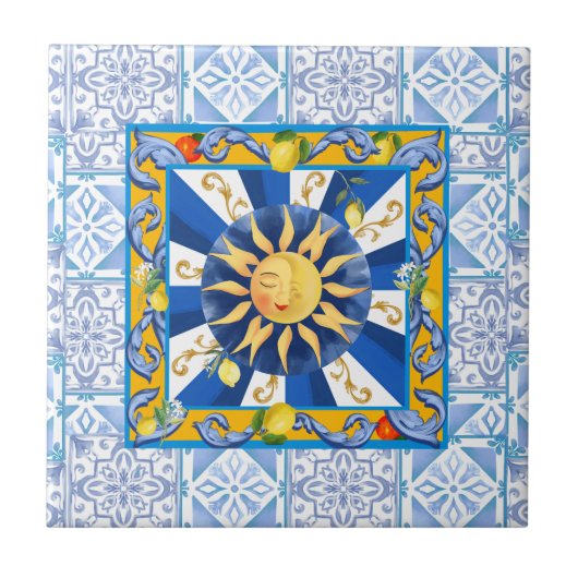 Blauwe tegels, Siciliaanse zon, mozaïek, majolica, Tegeltje (Voorkant)