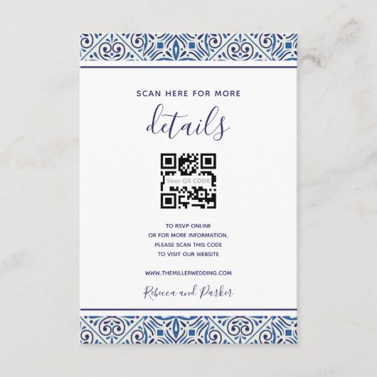 Blauwe tegels trouwgegevens QR-code invoegen kaart (Voorkant)