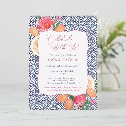 Blauwe Tegels Vivid Florals Citrus viert met ons Kaart (Staand voorkant)