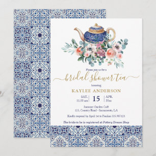 Blauwe tegels Vrijgezellenfeest-theebladerkaart Kaart