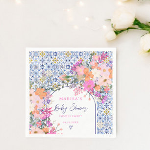 Blauwe tegels waterverf wilde bloemen baby shower servet