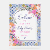 Blauwe tegels waterverf wilde bloemen baby welkom acryl bord (Voorkant)