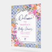 Blauwe tegels waterverf wilde bloemen baby welkom acryl bord (Hoek)