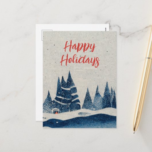 Blauwe tekening winterlandschapsbos feestdagenkaart (Voorkant / Achterkant in situ)