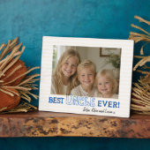 Blauwe tekst "Beste oom ooit" Fotodisplayplaque Fotoplaat (Zijkant)
