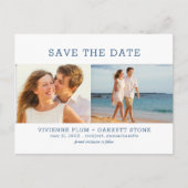 Blauwe tekst Drie Foto Weddenschap Save the Date Aankondigingskaart (Voorkant)