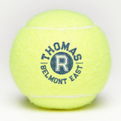 Blauwe tekstsport aangepaste monogram naam en team tennisballen (Voorkant)