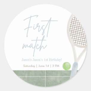 Blauwe Tennis Eerste Verjaardag Preppy Jongen Fees Ronde Sticker