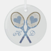 Blauwe tennisrackets met hartjes glas Ornament (Voorkant)