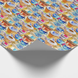 Blauwe terracotta koffiekopjes Abstracte Waterverf Cadeaupapier