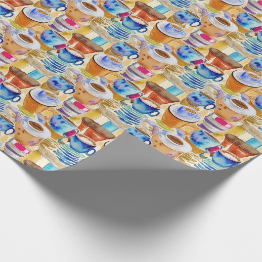 Blauwe terracotta koffiekopjes Abstracte Waterverf Cadeaupapier (Hoek)